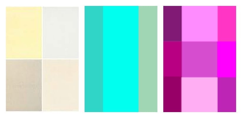 different colour swatches so you can see the difference between shades of turquoise, pink and ivory