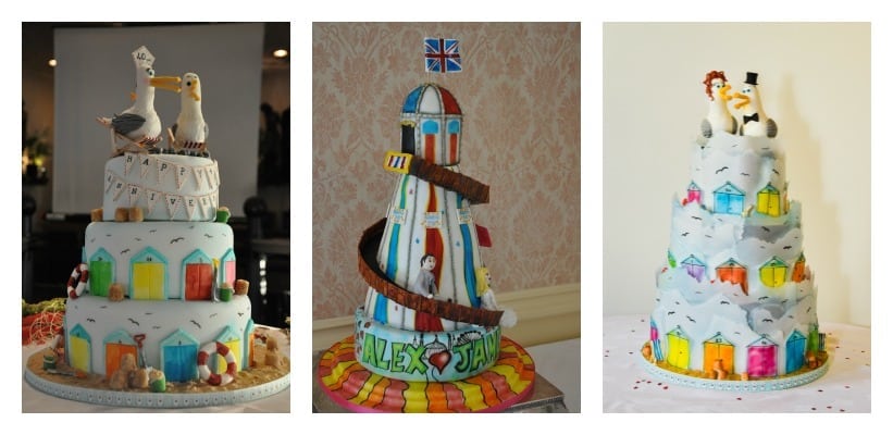 A montage of brighton-themed cakes with seagulls helter skelter and beach huts