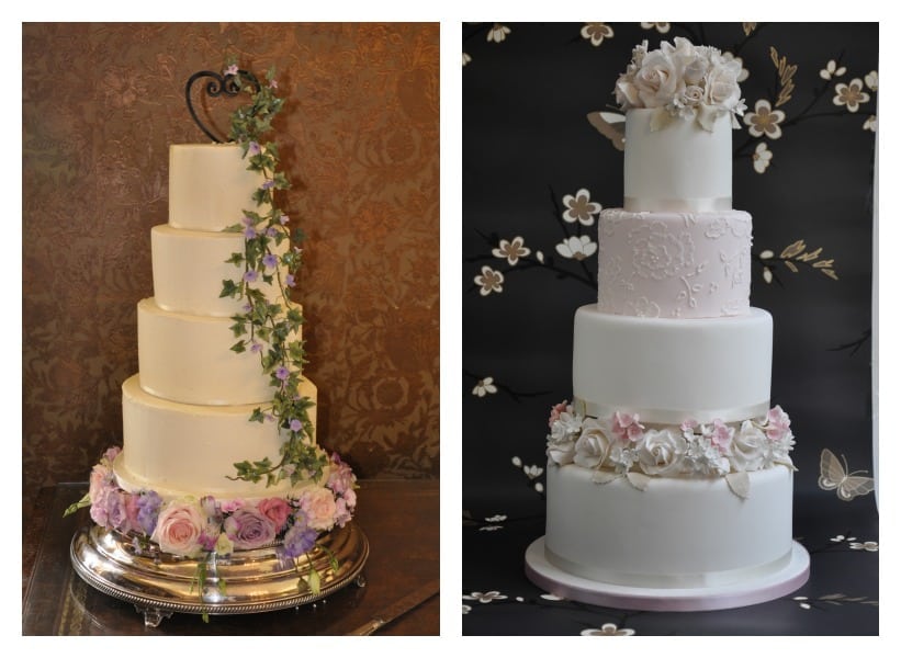 A buttercream wedding cake alongside a fondant iced wedding cake