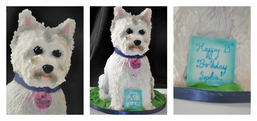 Various views of the westie dog cake