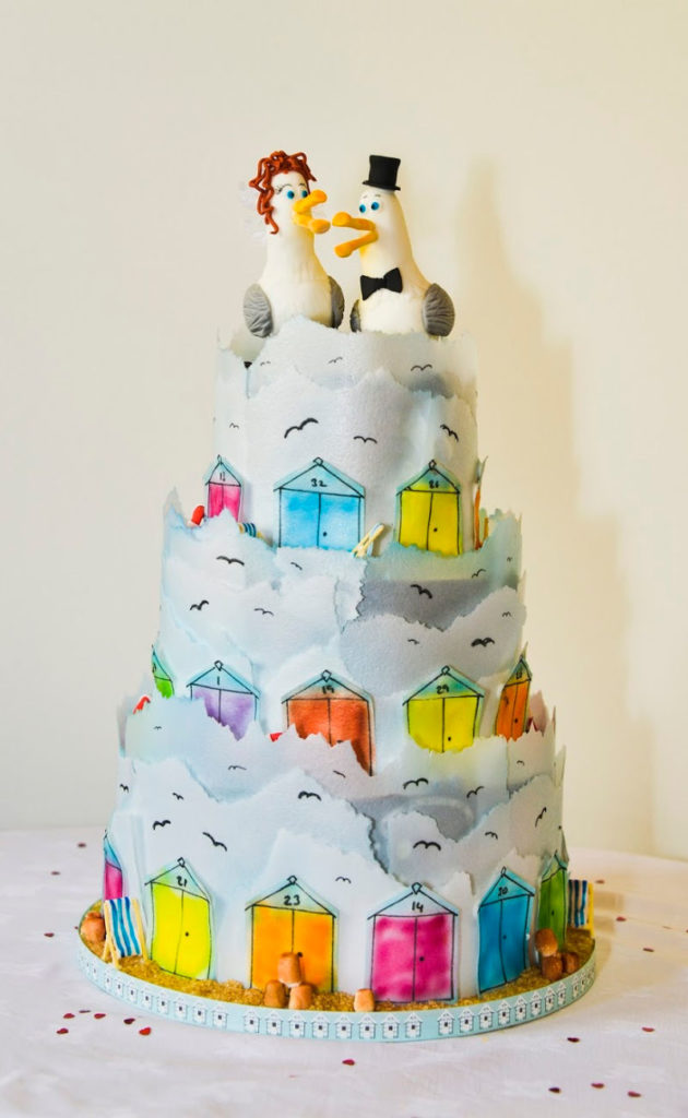 seagulls and painted rice paper cake
