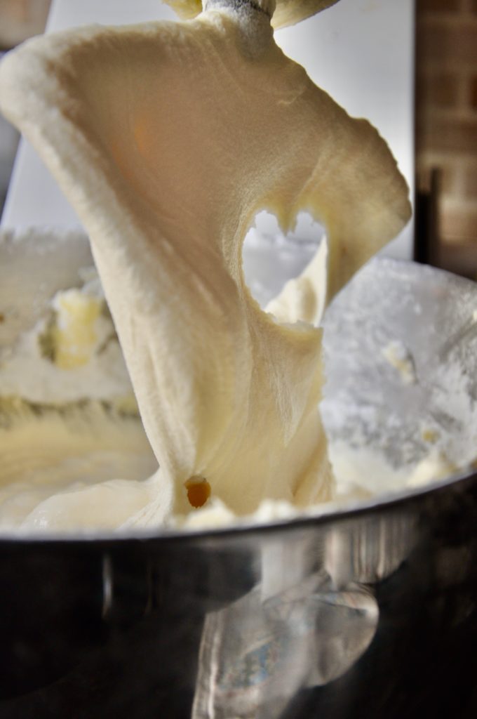 The ultimate American buttercream being mixed in a standing Kenwood Chef mixer