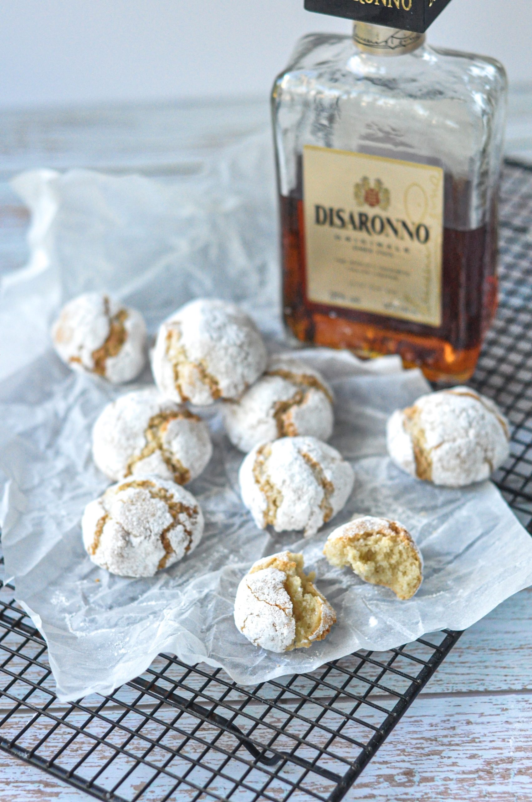 Amaretti Biscuits with bottle of Amaretto in the background