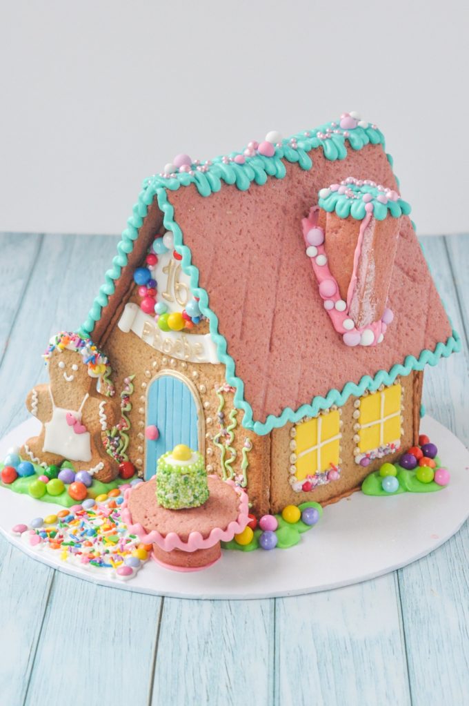 birthday gingerbread house in bright colours